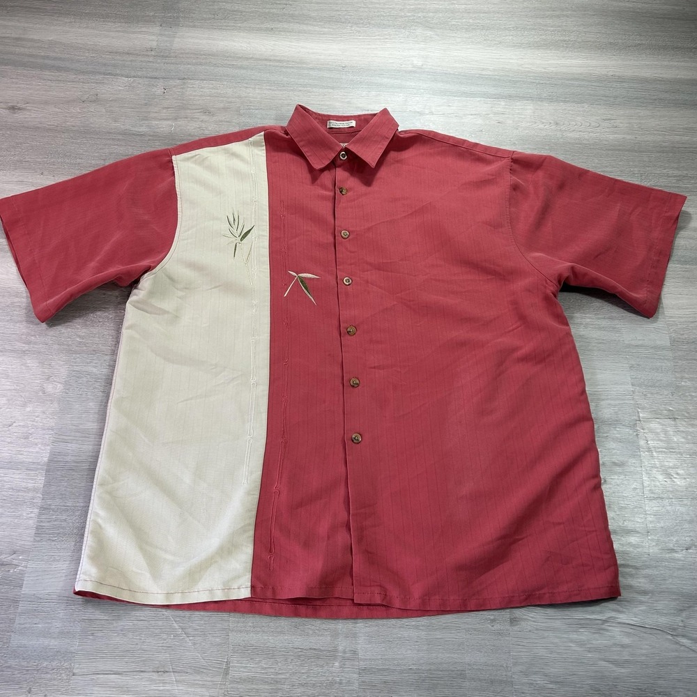 Bamboo Cay Shirt Mens XL Red Tan Bamboo Embroidered Short Sleeve Button Up